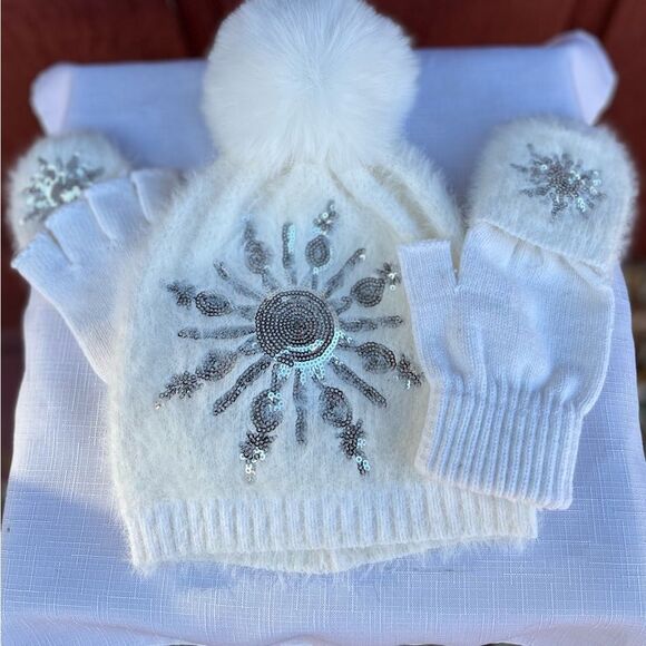 Girls’ hat and glove set, white, fuzzy faux fur, silver sequin snowflake, OS - Picture 1 of 8
